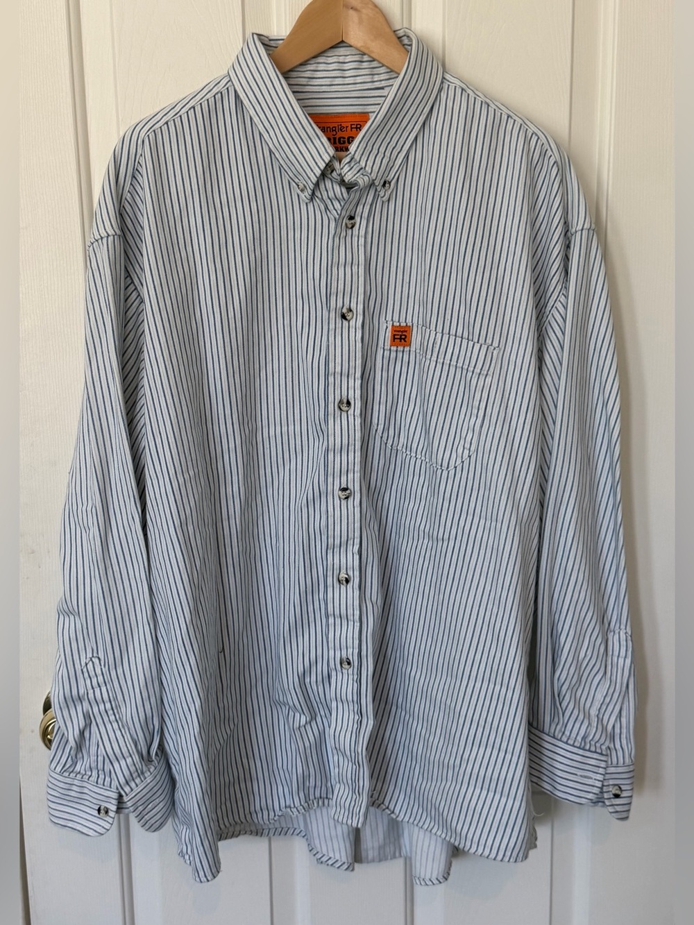 Wrangler FR RIGGS White Shirt with Navy Pinstripes Button-Down- flame resistant